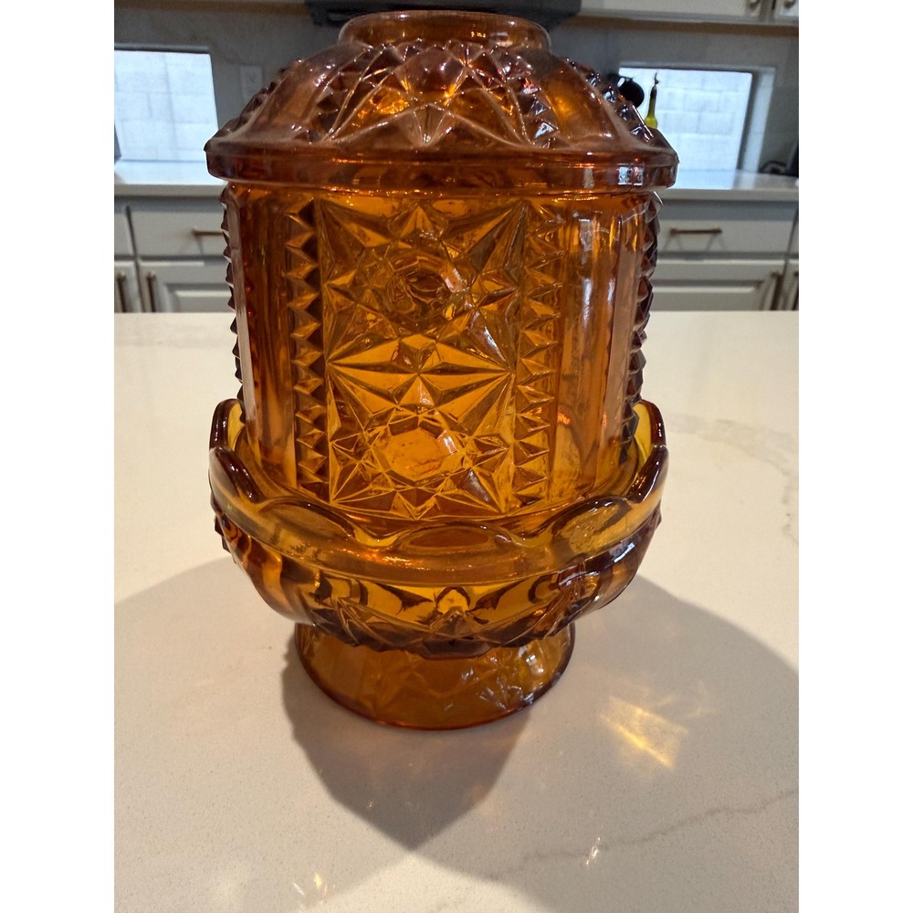 VTG Indiana Glass Amber Fairy Lamp Stars & Bars Mid Century Candle Holder
